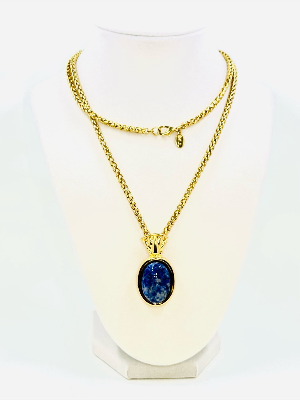 Kenneth Jay Lane KJL Gold Tone Byzantine Chain W/Blue Scarab Egyptian Pendant